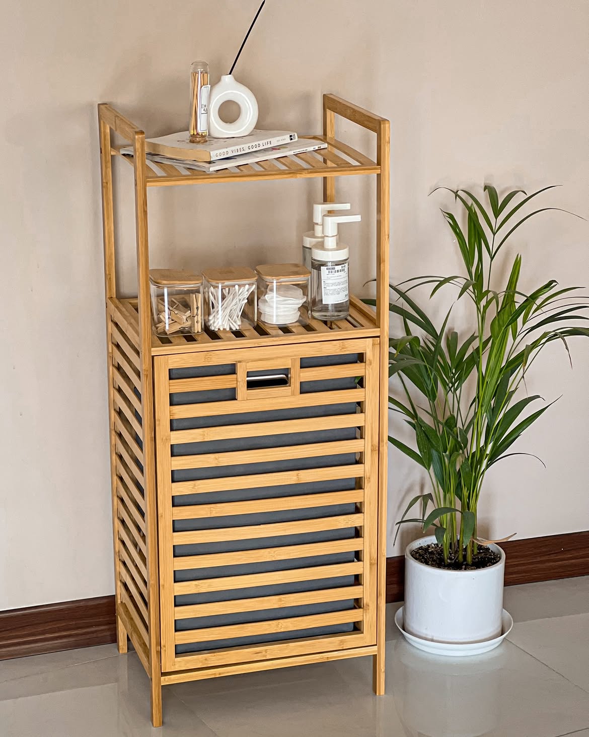 2-in-1 Bamboo Laundry Hamper + storage shelf