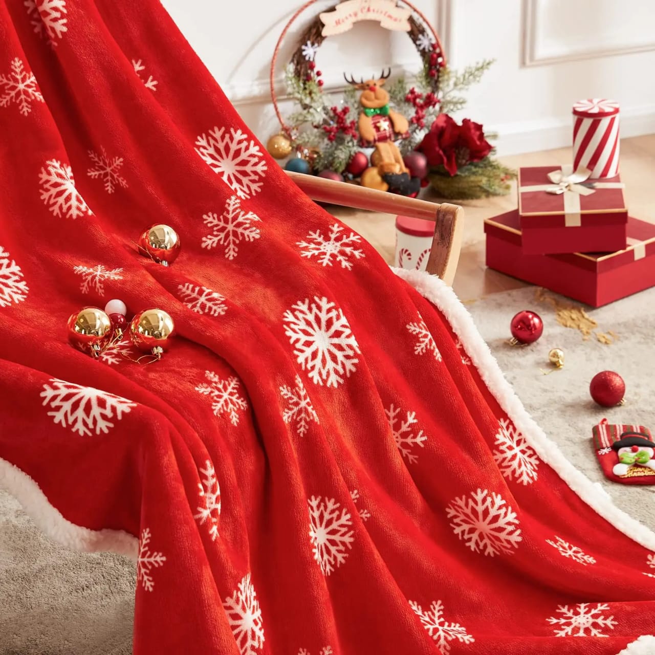Navidad Christmas Reindeer Throw Blanket Double Layer Thicken Fluffy Soft Fleece Flannel Santa Claus Snowman Blanket Home Gift