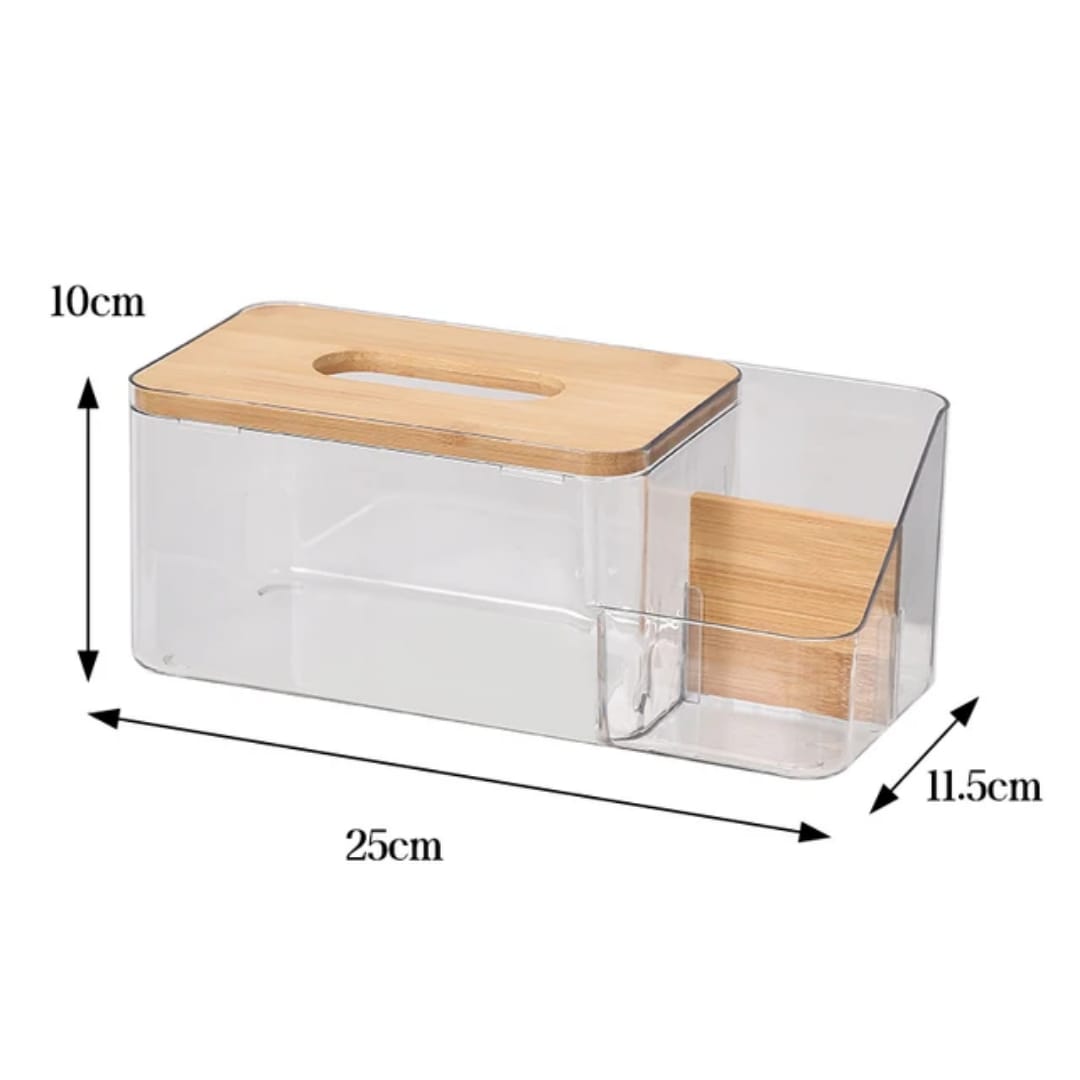 2 in 1 Clear Desk Tissue Paper Dipenser Case with Wooden Lid Desk Organizer Remote Holder