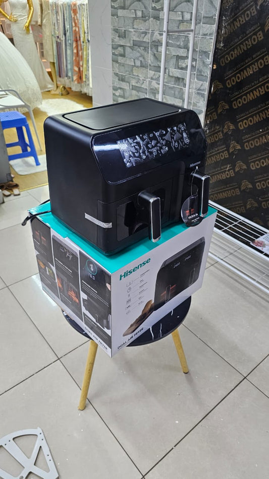 Hisense 8.6L Dual Airfryer H09AFBK2S5 with dual baskets, rapid air circulation, and a digital touchscreen for quick, oil-free, and versatile cooking.