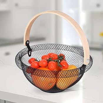 Brim rounded mesh fruit basket with bamboo handle