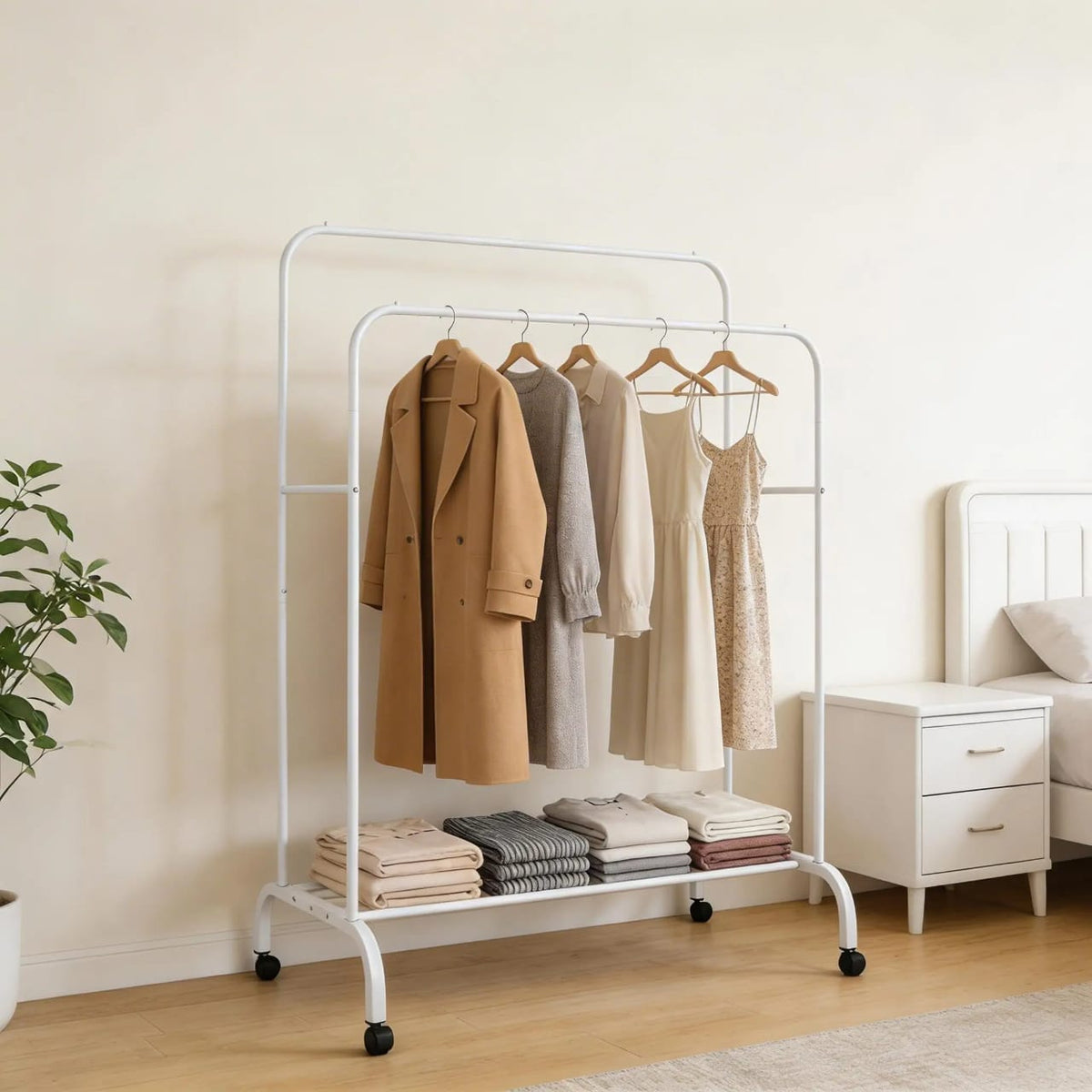Double Pole Clothing Rack With Wheels & Lower Storage Shelf for Boxes /Shoes