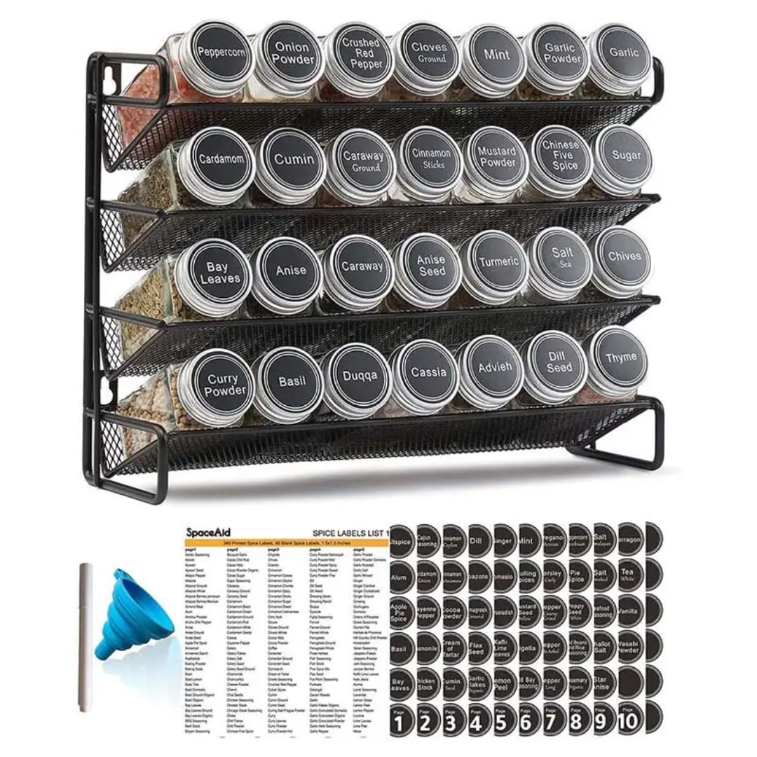 seasoning spice jars with lid and a metallic rack