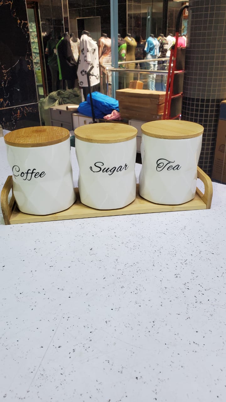 3Pcs Ceramic Canisters Set  with Bamboo Stand