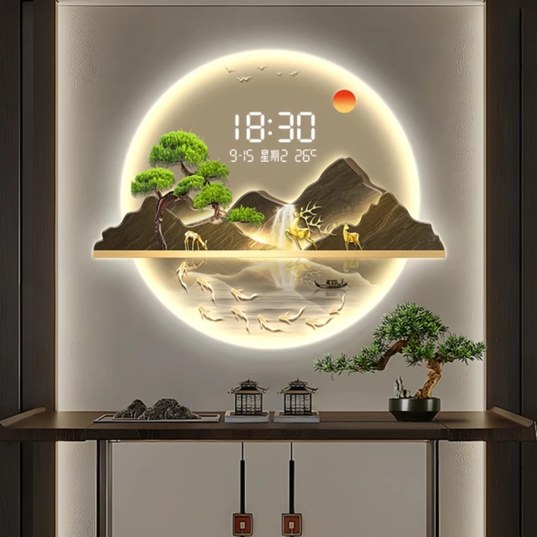 Bring modern elegance to your space with this LED Decorative Wall Clock featuring a stunning layered mountain landscape design and ambient warm backlighting.