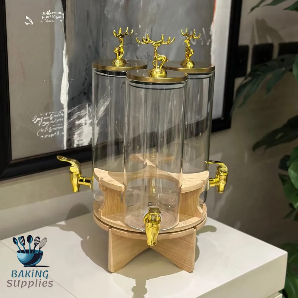 3cylinder Rotating Glass Beverage Dispenser Set with wooden Stand and golden 3 taps