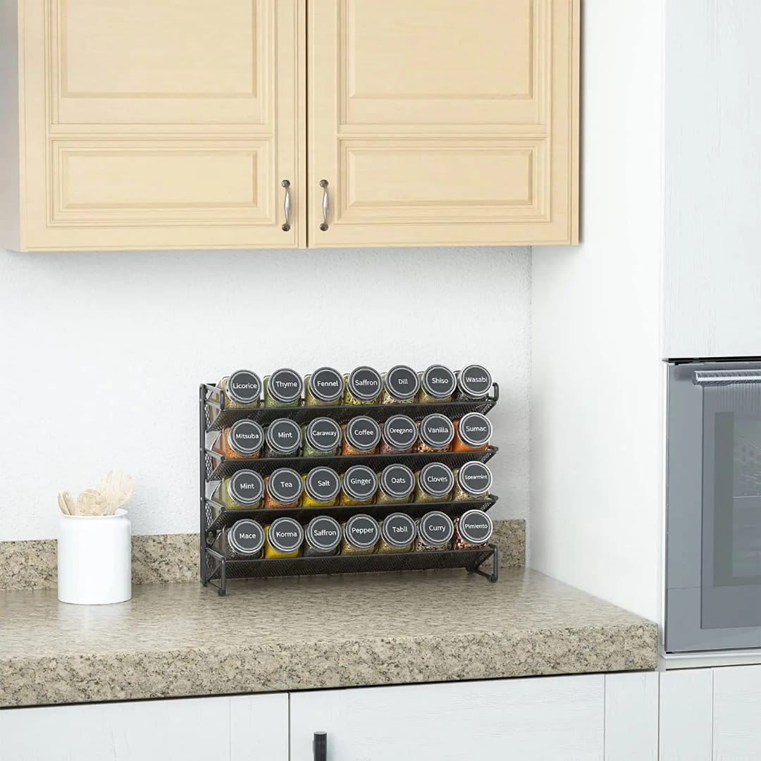 seasoning spice jars with lid and a metallic rack