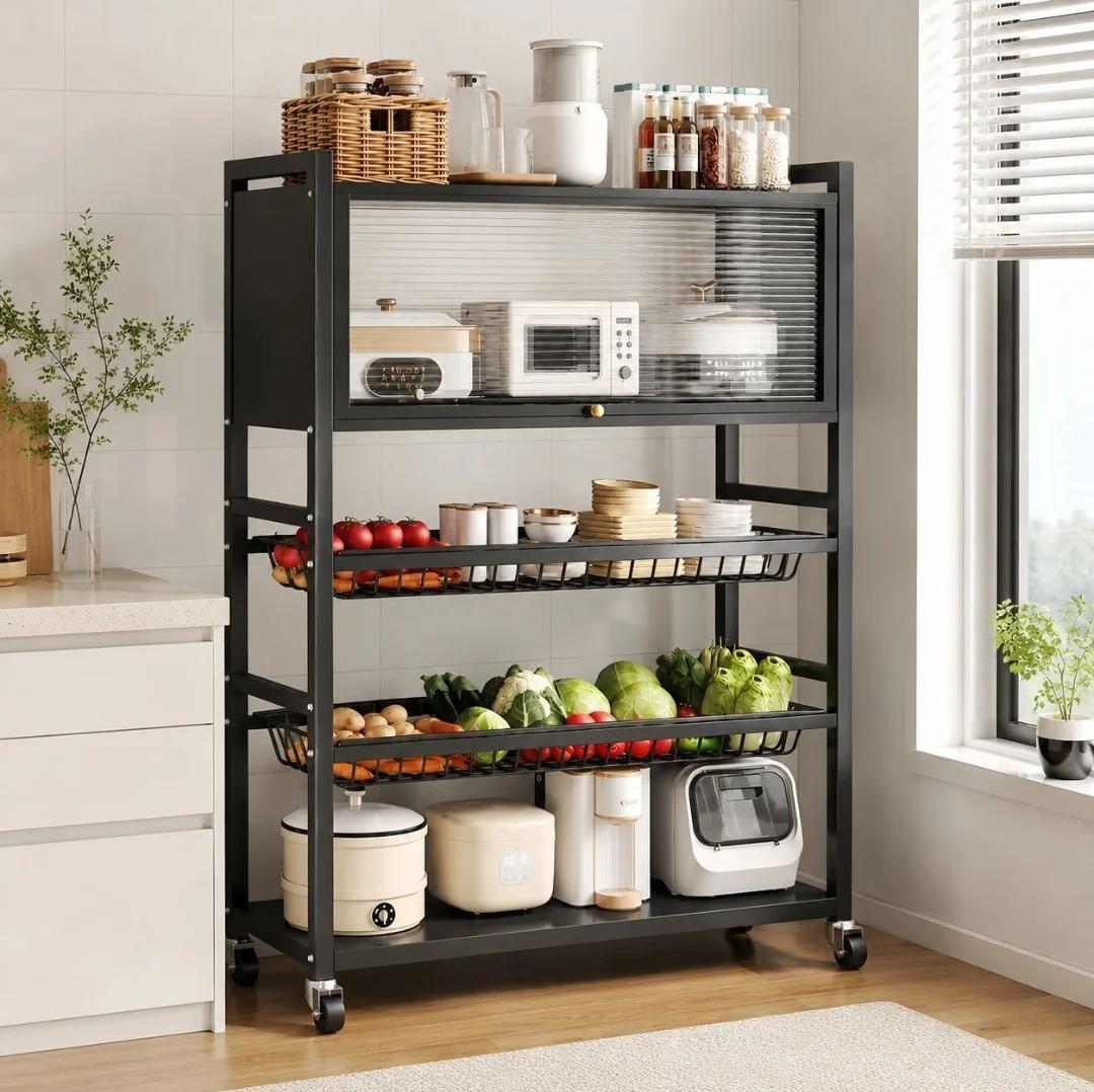 3 Layer+ Cabinet Multifunctional Kitchen Storage Shelf Rack with Detachable Mesh Baskets & Universal Wheels
