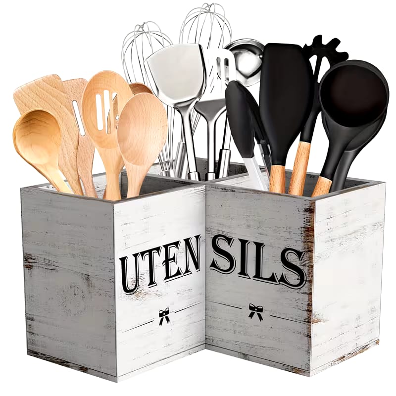 Wooden Kitchen Utensils Holder With A White Rustic Finish
