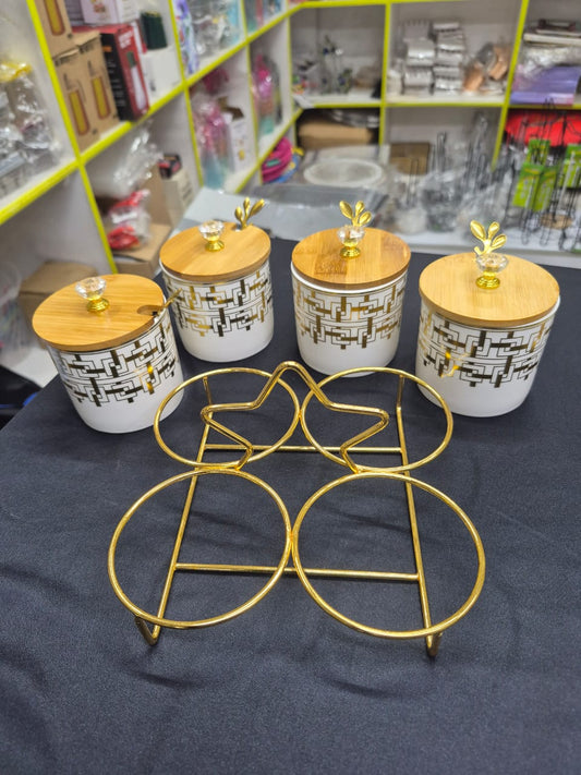 4 pcs ceramic canister set with gold stand and bamboo lid