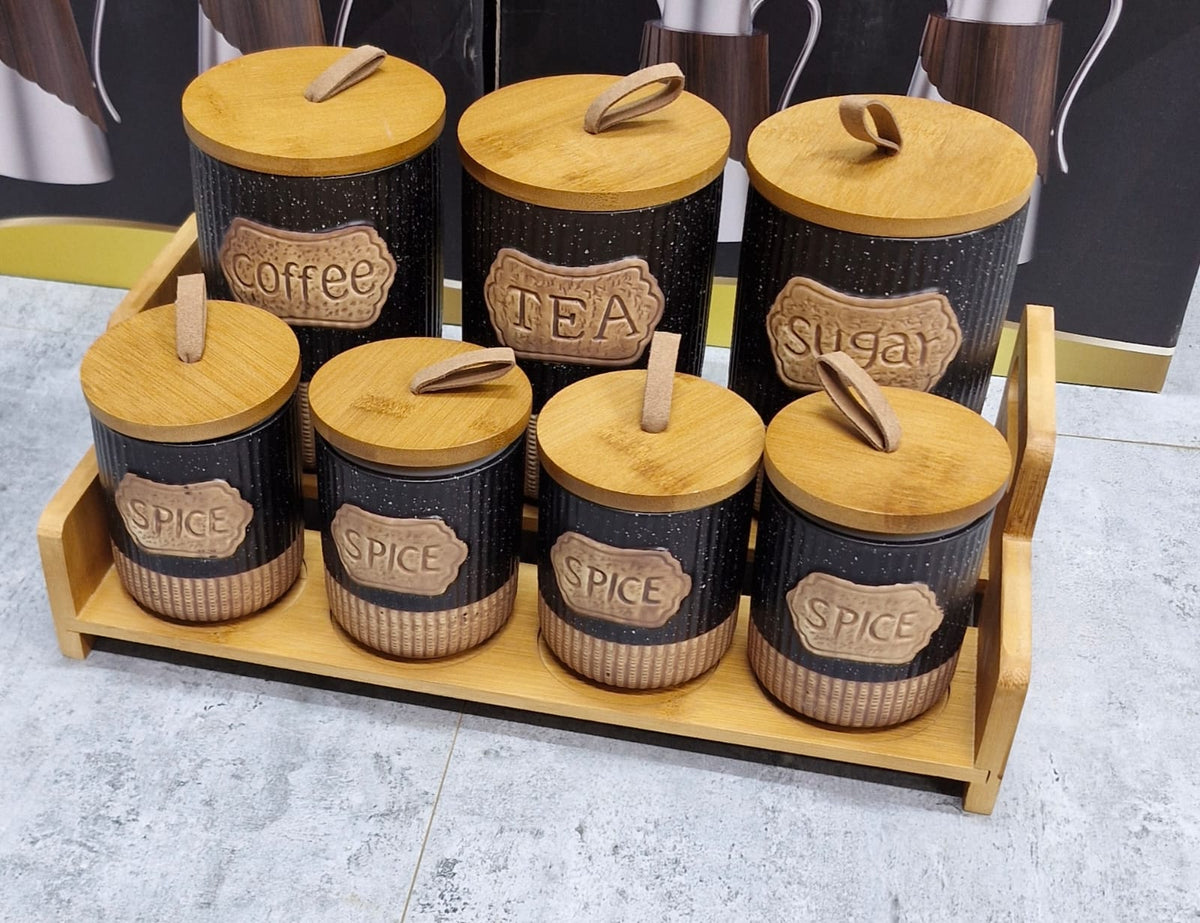 7pc Black Rustic Ceramic Canister Set with Wooden Stand