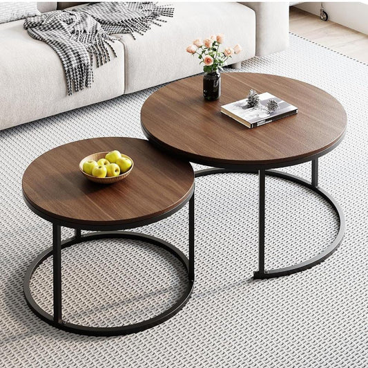 Rustic style woodenCoffee Table Nesting Set of 2 Round End Table