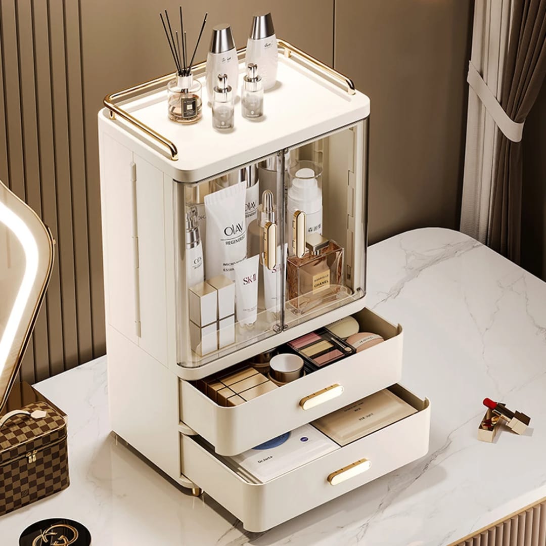 Plastic lidded dust proof,acrylic double door with double drawer cosmetic storage cabinet.