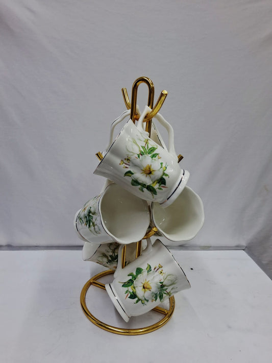 6 gold rimmed bone china flowered tea mugs