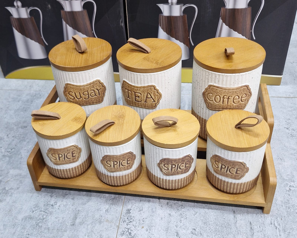 7pc White Rustic Ceramic Canister Set with Wooden Stand