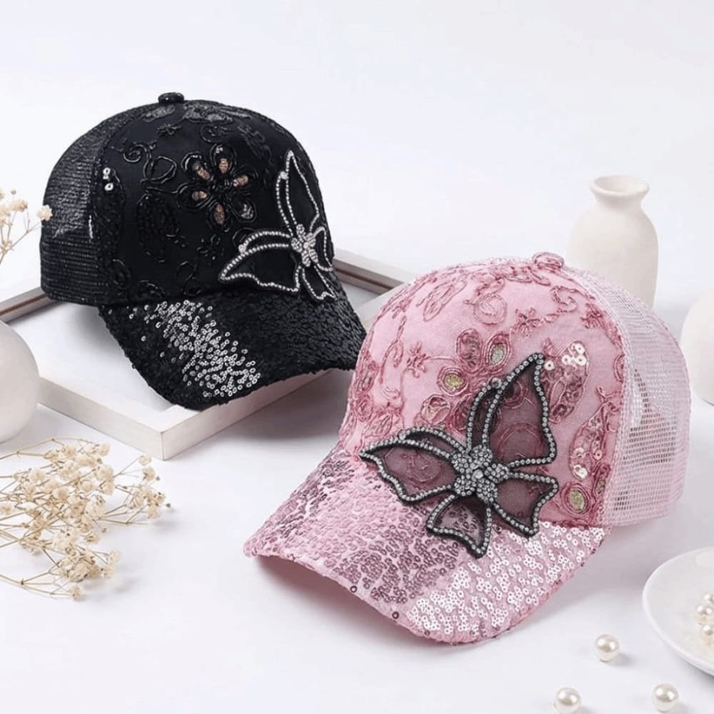 *Fashion Mesh Women's Baseball Cap Breathable Black Rhinestone Sun Hat Butterfly