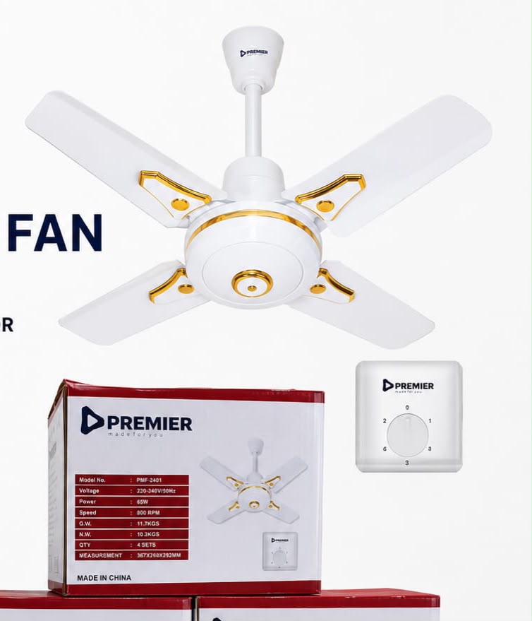 24-inch Premier ceiling fan with a white and gold finish