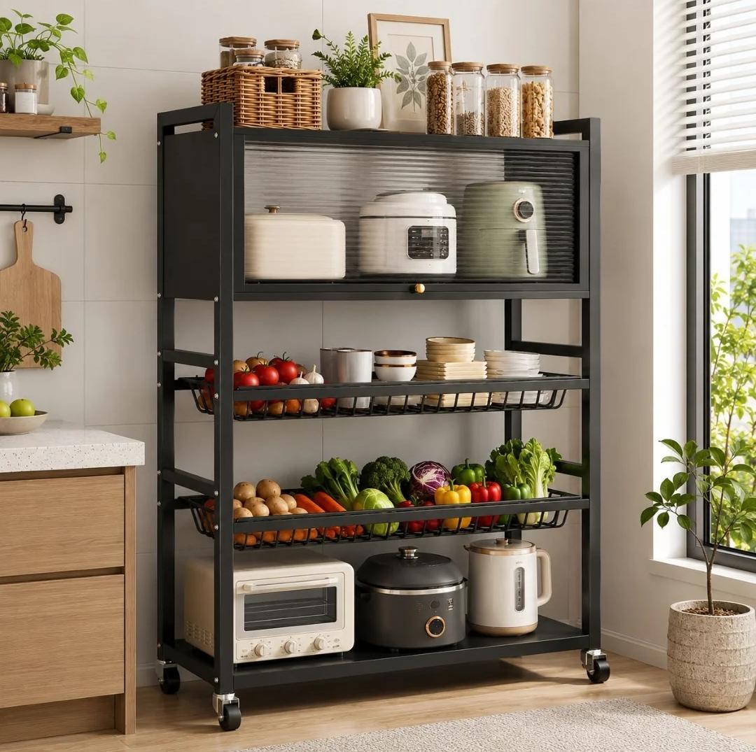 3 Layer+ Cabinet Multifunctional Kitchen Storage Shelf Rack with Detachable Mesh Baskets & Universal Wheels