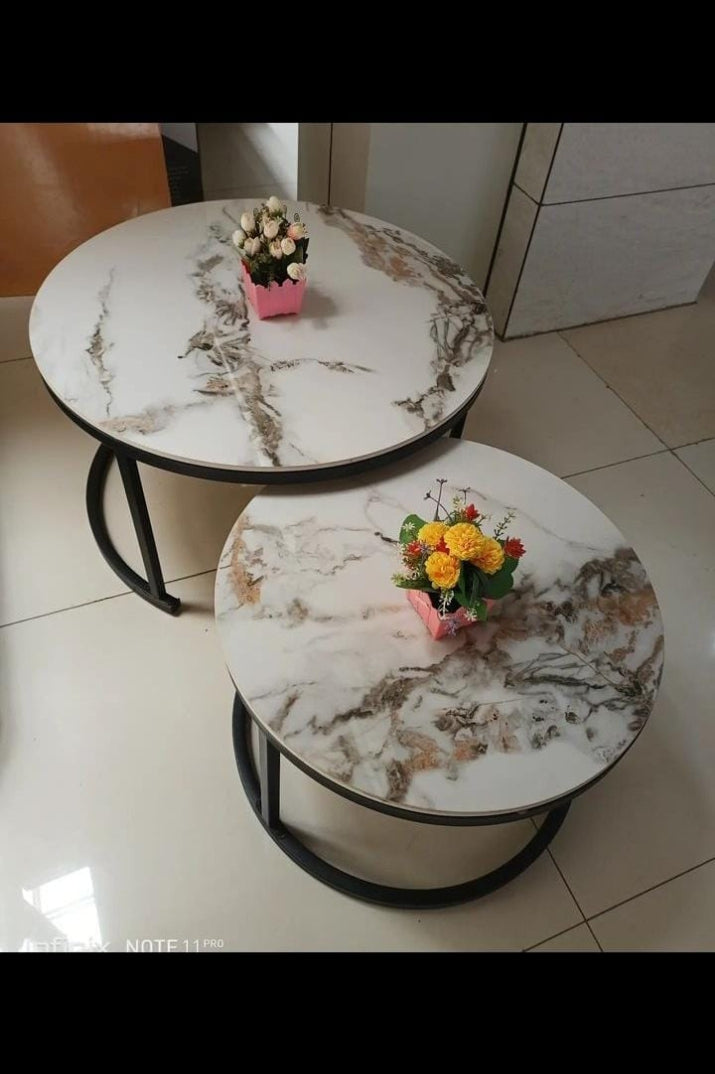 Very BIG Modern LUXURY PURE MARBLE TOP NESTING COFFEE TABLES with black stand