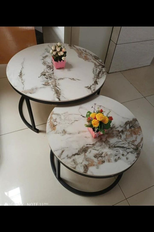 Very BIG Modern LUXURY PURE MARBLE TOP NESTING COFFEE TABLES with black stand