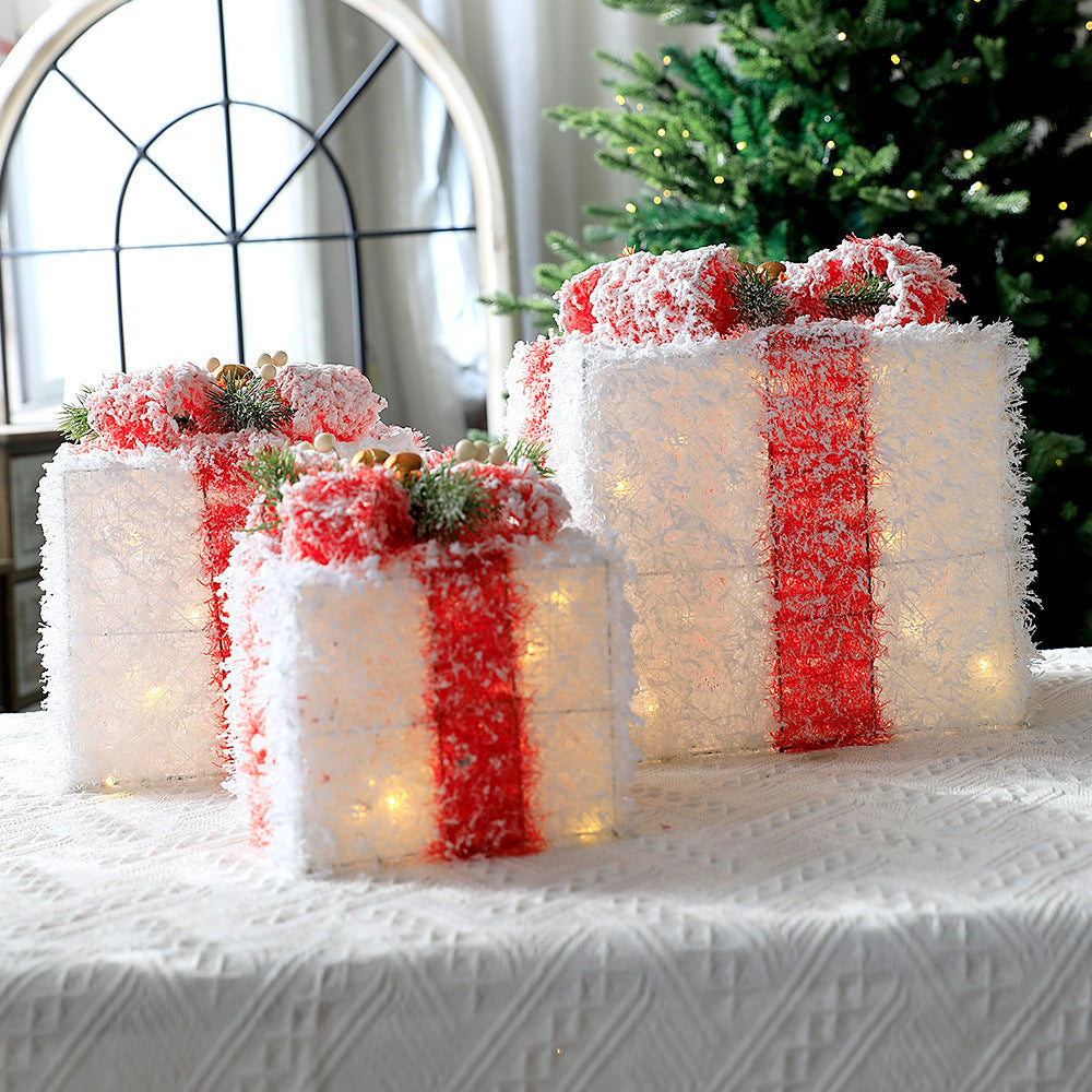 3Pc Set Snow Flocked Christmas Lighted Gift