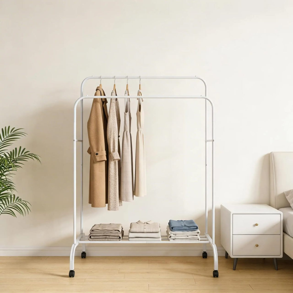 Double Pole Clothing Rack With Wheels & Lower Storage Shelf for Boxes /Shoes