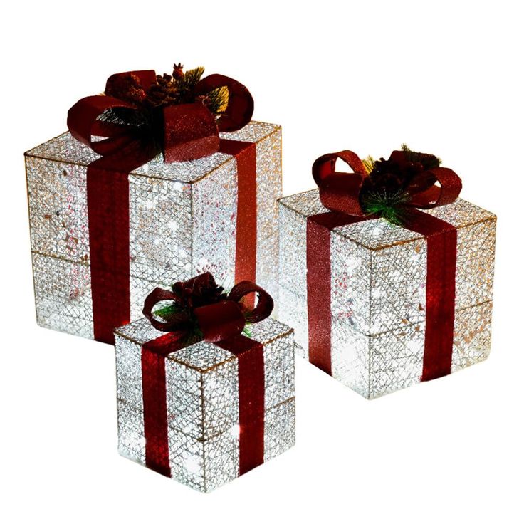 3Pc Set Snow Flocked Christmas Lighted Gift