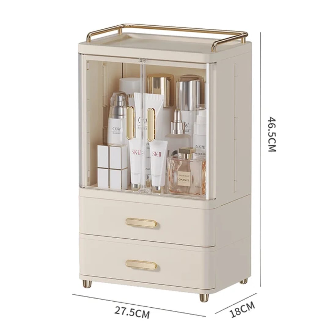 Plastic lidded dust proof,acrylic double door with double drawer cosmetic storage cabinet.