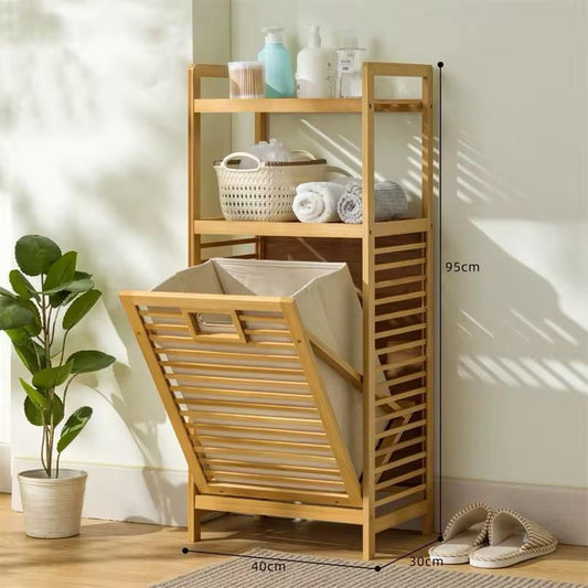 Bamboo Laundry Basket Organizer | 2-Tier Shelves & Tilt-Out Basket