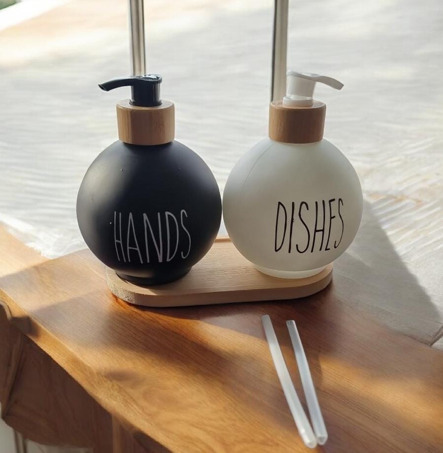 3in1 HANDS - DISHES, SOAP - LOTION branded  and unbranded Refillable ceramic s bottle with bamboo base