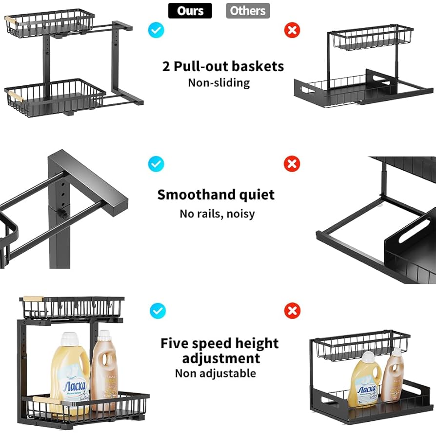 2 tier metallic sliding pull out cabinet organizer rack