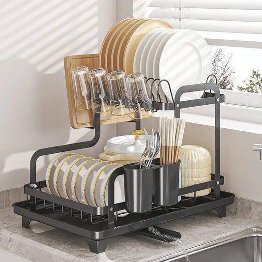 2 Tier Dish Drying Rack Kitchen Organizer Kitchen Countertop Drainer with Drainboard Cups Utensil Cutting Board Holder