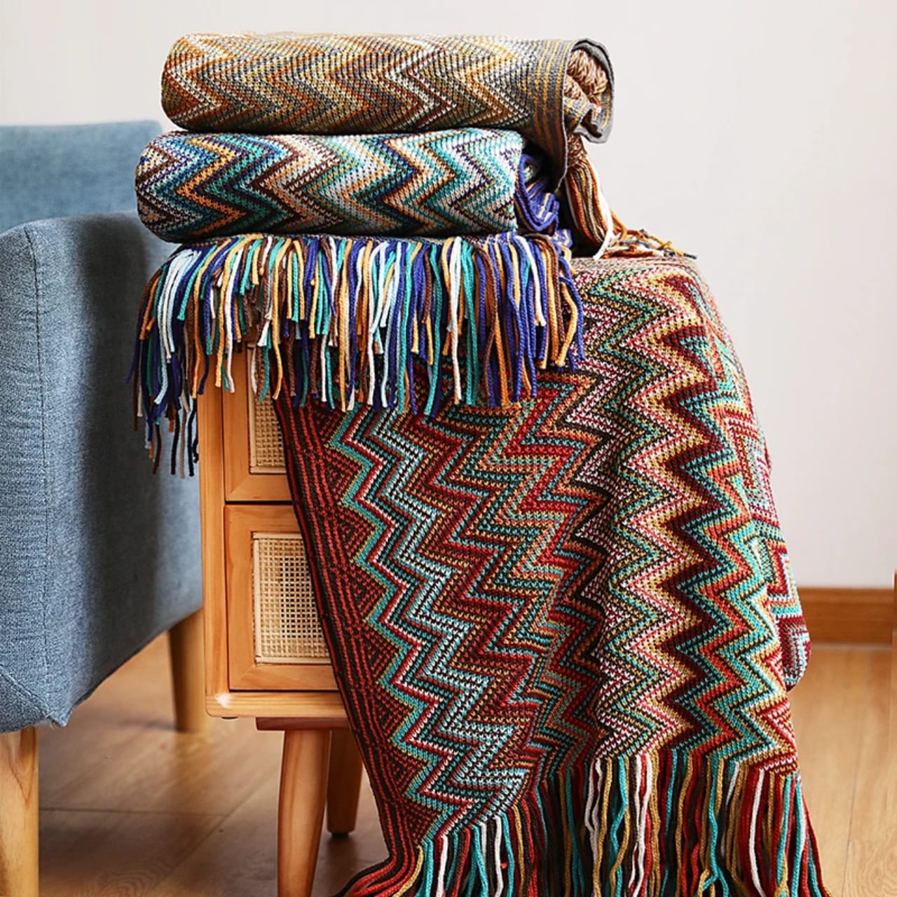 Bohemian Knitted Throw Blanket With Tassel