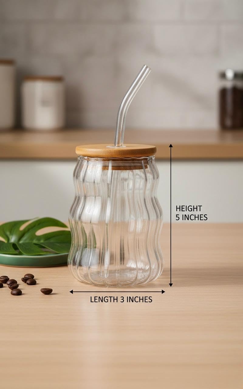 500ml Wave Shape Glass Tumbler with bamboo Lid and Straw