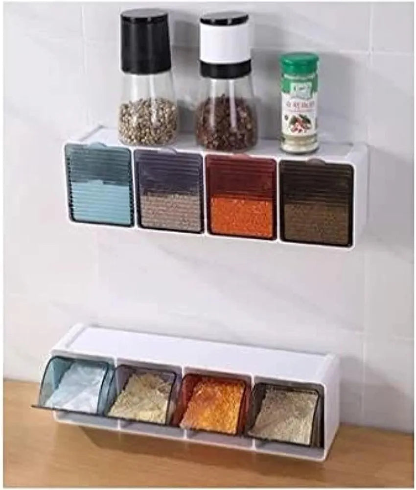 4-slot kitchen wall spice organizer with transparent, colored drawers