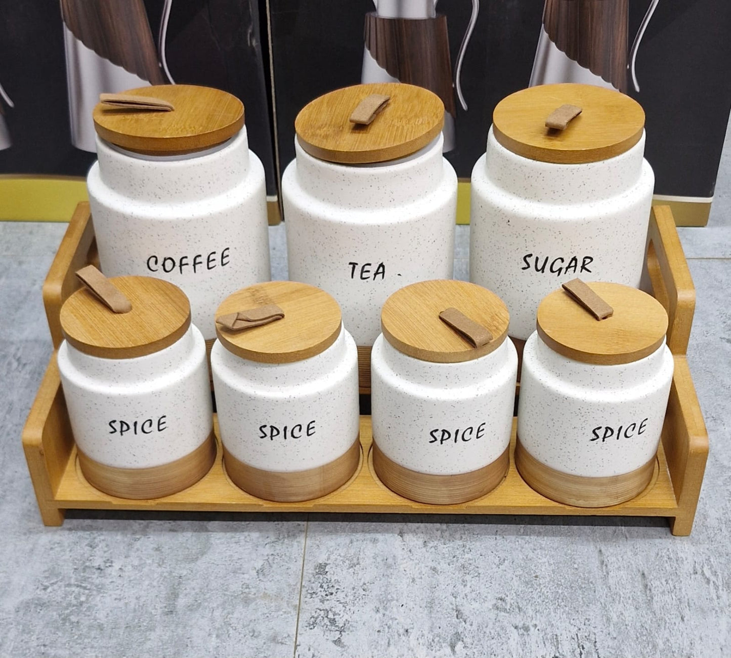 7pc White Speckled Ceramic Canister Set with Wooden Stand