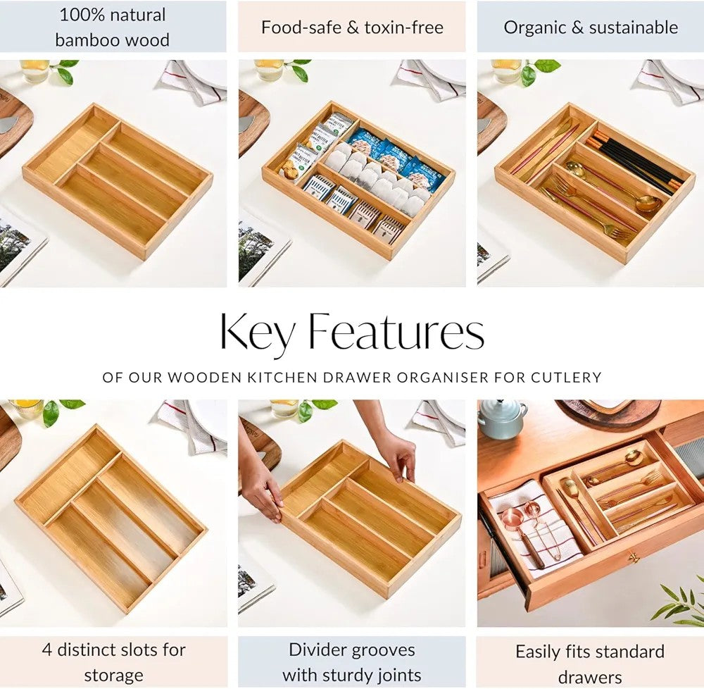 Bamboo Cutlery Tray With 4 Slots