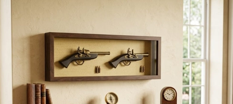 Antique Dual Gun Wall Decor set featuring two replica pistols and four bullets.