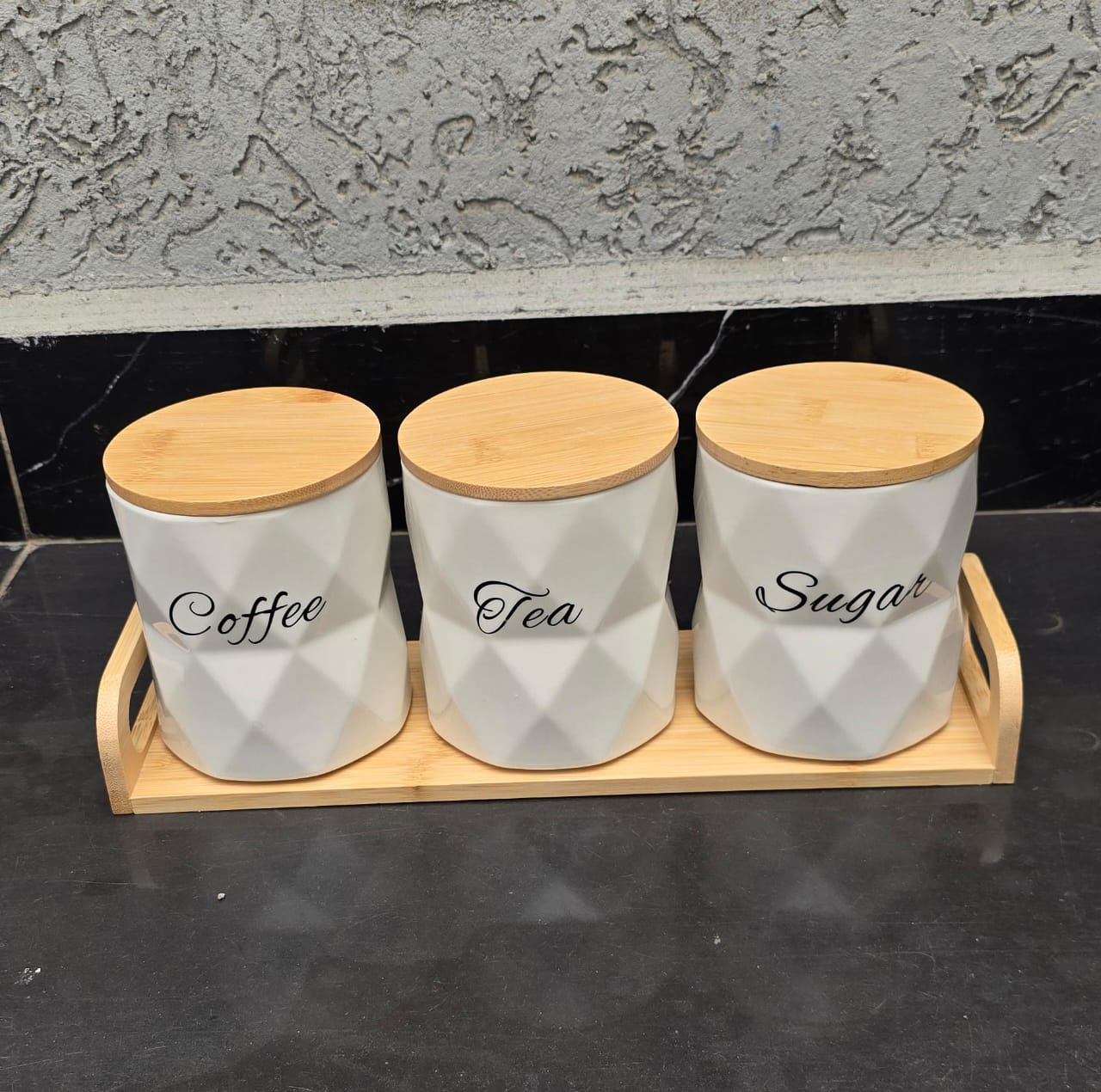 3Pcs Ceramic Canisters Set  with Bamboo Stand