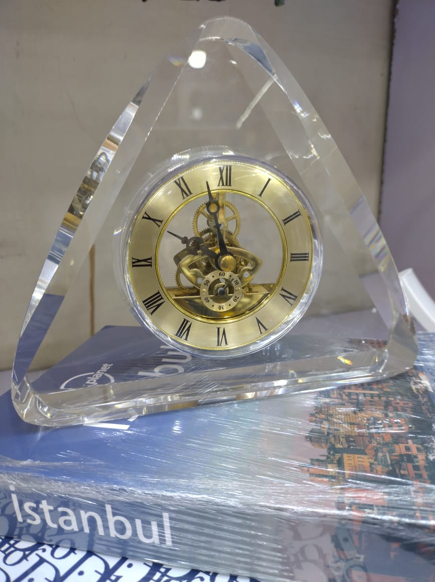 Customized Text Carved Unique Triangle Shape Clear Crystal Personalized Clock