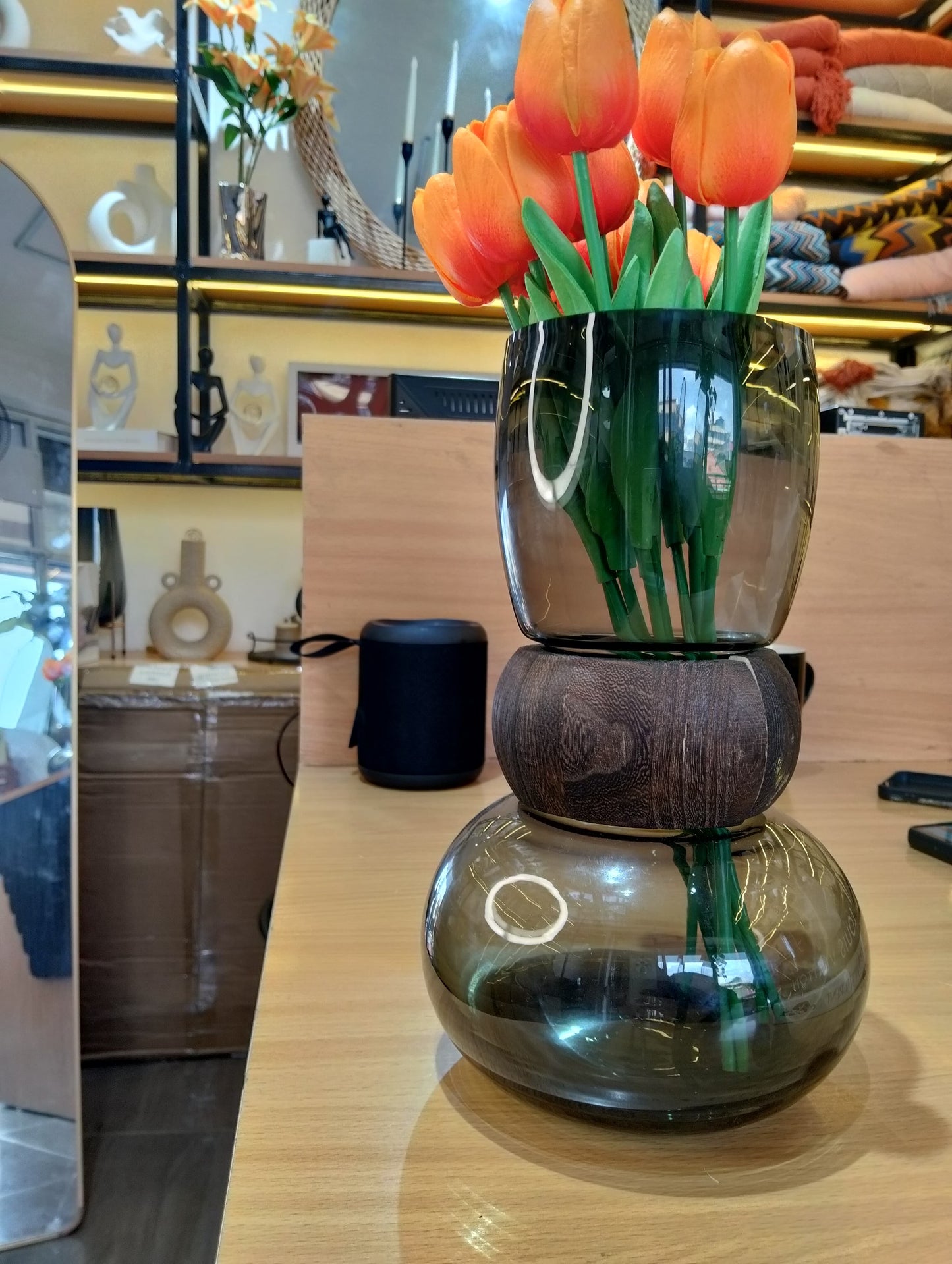 Nordic Modern creative dark glass vase With a Wooden Ring