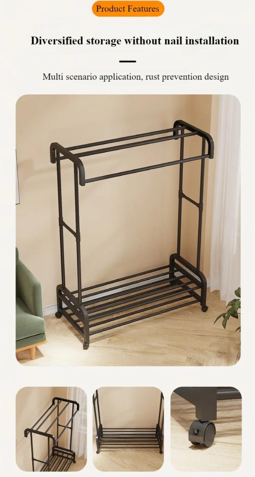 Double pole wheeled multifunctional clothes drying rack, with double layer shoe rack