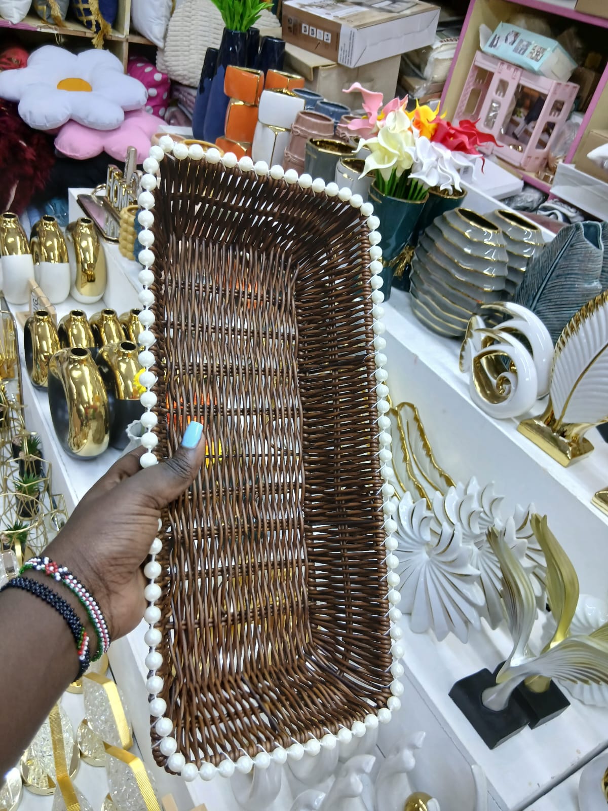 Rectangular Woven Rattan Tray with Pearl Trim