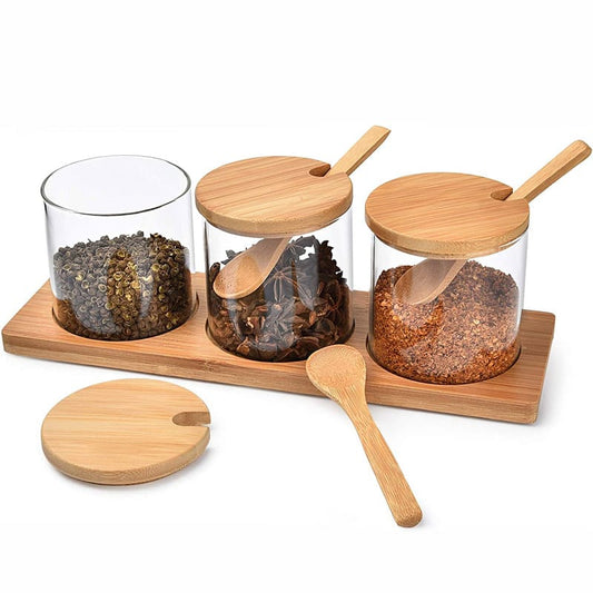 High quality 3in1 glass sugar set with bamboo stand, lids and spoons