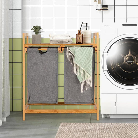 Bamboo twin partition laundry organizer with storage shelf