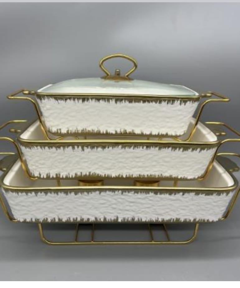 3pcs white  gold  ceramic chaffing dish