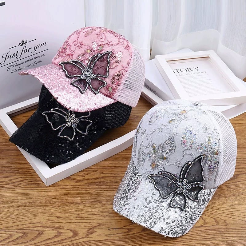 *Fashion Mesh Women's Baseball Cap Breathable Black Rhinestone Sun Hat Butterfly