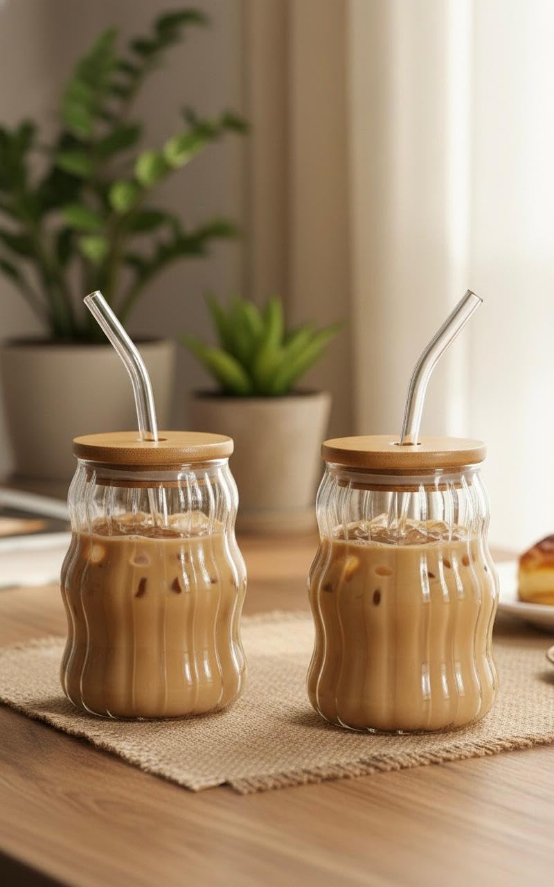 500ml Wave Shape Glass Tumbler with bamboo Lid and Straw