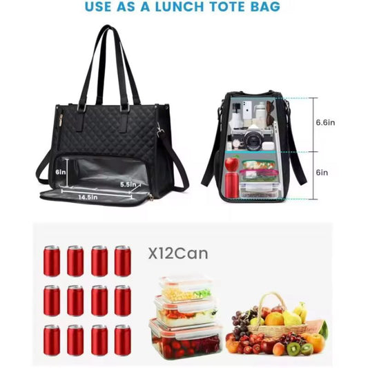 Quilted Large Capacity 15.6” Business Laptop Tote Bag with Insulated Lunch Compartment