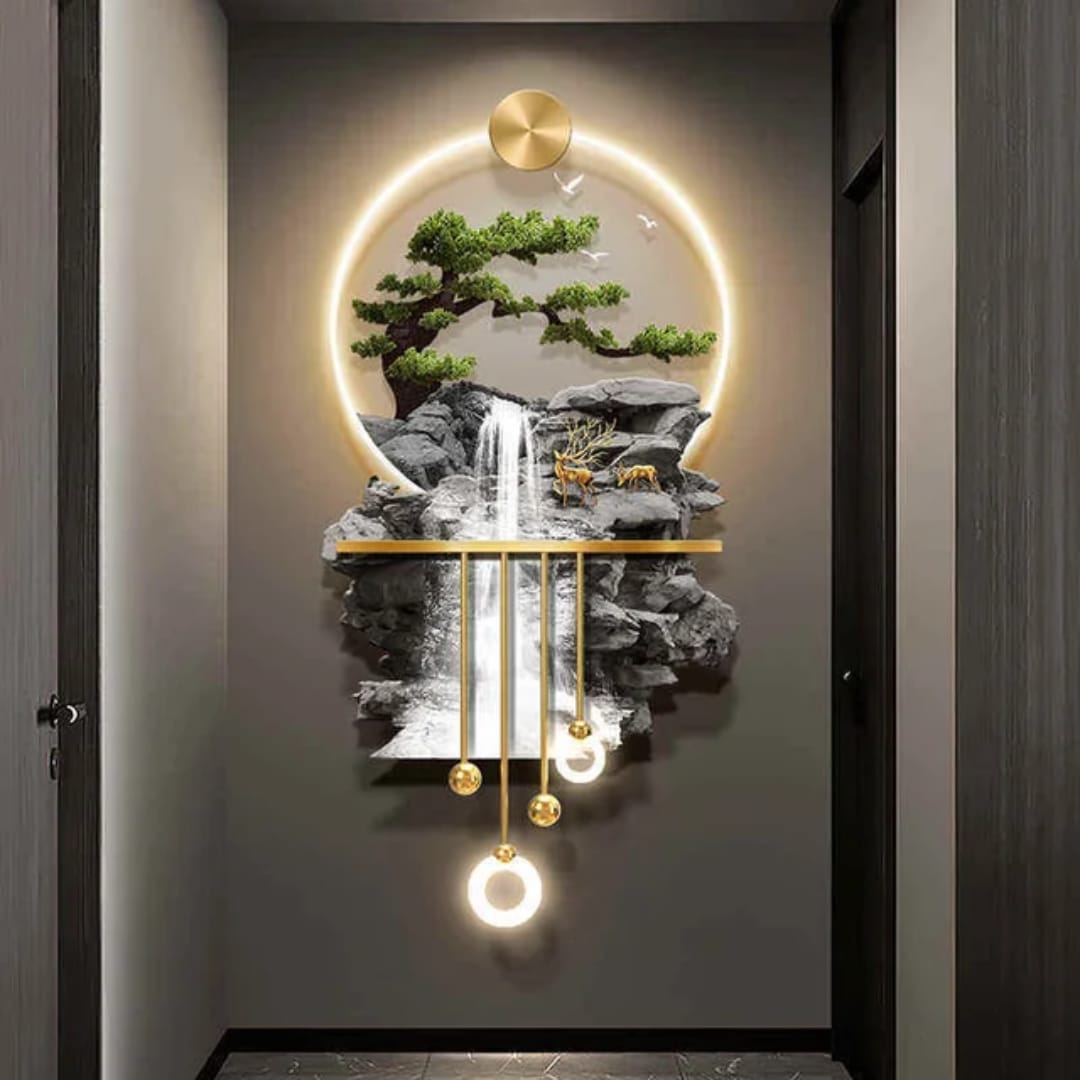 Transform your interior with this Luxury 3D Waterfall Wall Art featuring a stunning nature-inspired design with cascading waterfalls, lush pine trees, elegant deer accents, and warm LED halo lighting.